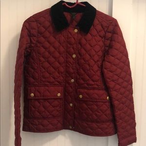 J Crew red quilted jacket with velvet and gold